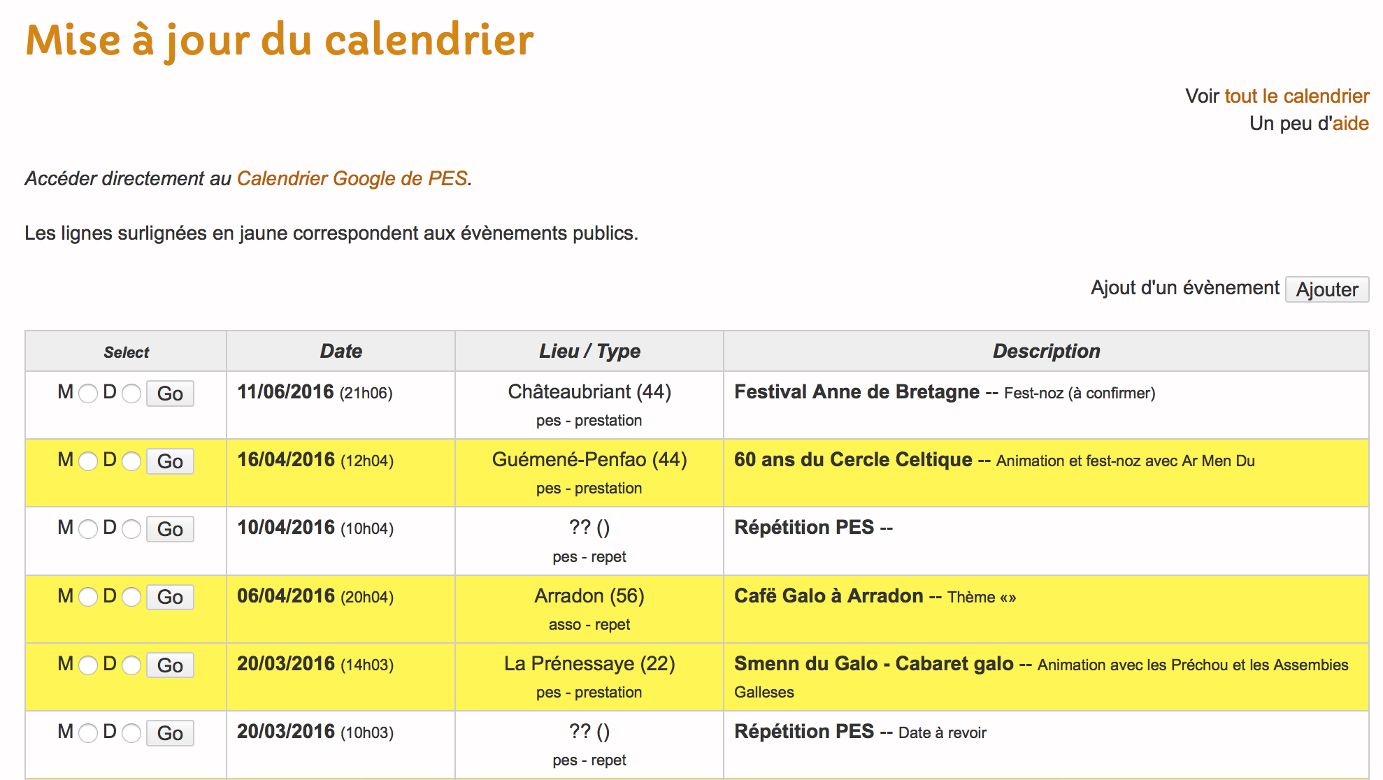 Exemple de modification de calendrier